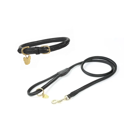 Dog collar and lead, leather, black