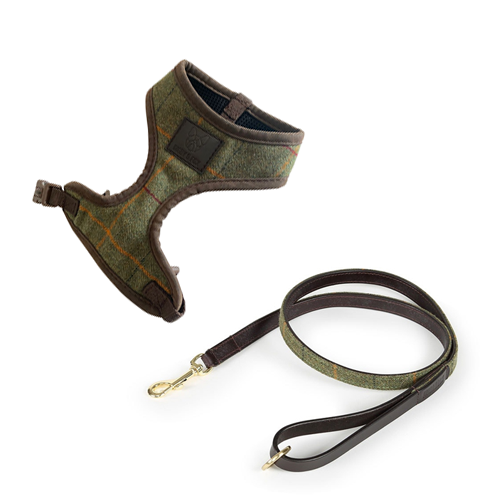 Dog harness in tweed with matching lead