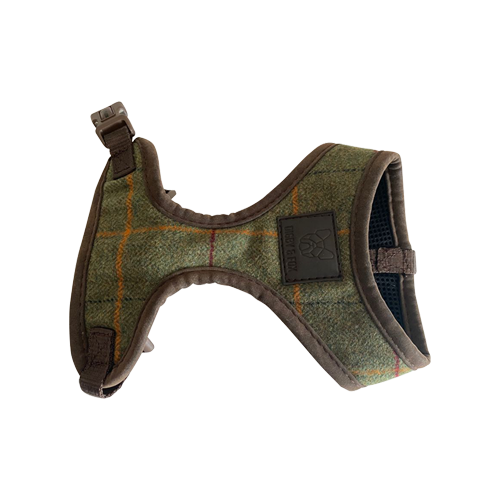 Dog harness in tweed and leather trim